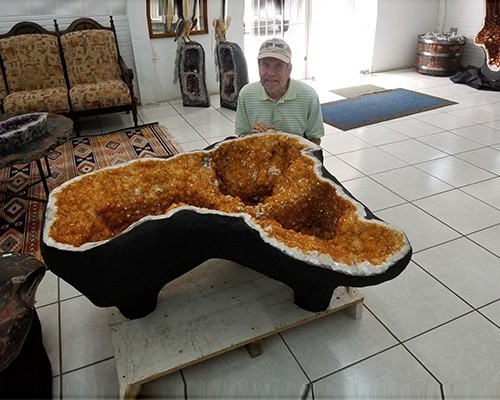 Impressive large Citrine Crystal Table Base with owner Steve Applebaum enormous decor and interior decorator piece we sell wholesale.
